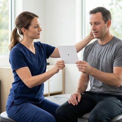 A physiotherapist guiding a patient through a visual tracking assessment as part of an active concussion management plan