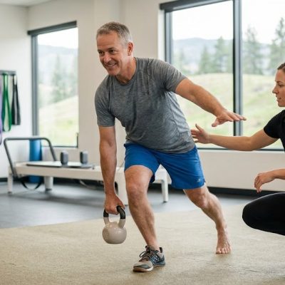 An older man is performing a kettlebell exercise under the professional guidance of a female kinesiologist. They are inside a bright, modern studio with an anatomical poster, gym equipment, and windows showing green hills in West Kelowna. The specialist is correcting his form as he lifts the weight. This image represents the benefits of kinesiology in West Kelowna