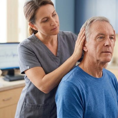 A female healthcare professional performing a vestibular assessment on an older male patient as part of vertigo physiotherapy. The clinician is gently holding the patient's head to check eye movements, and a large anatomical model of the inner ear can be seen in the background, signifying the focus on balance disorders.